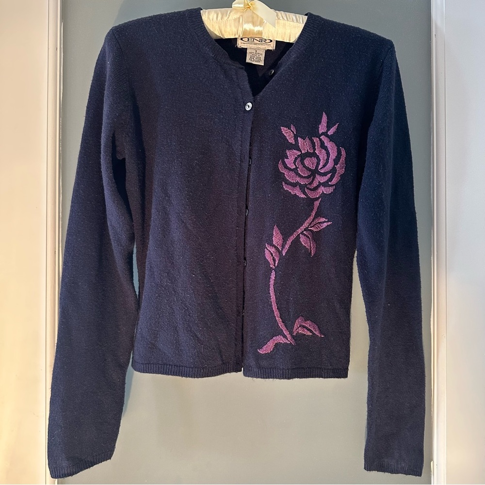 Navy Cardigan w Pink Floral Accent